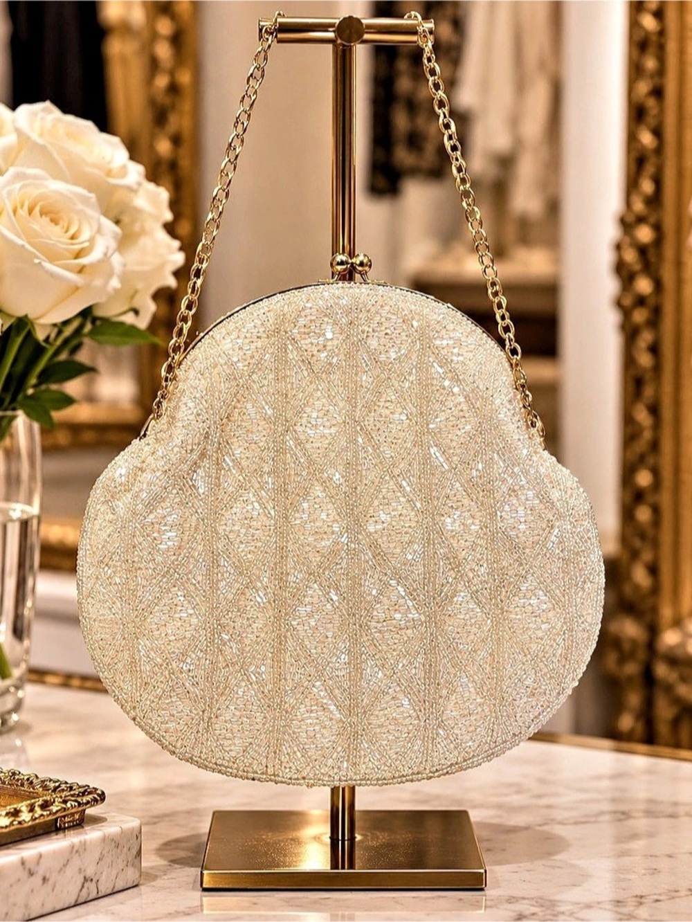 Carlo Fellini Beaded Evening Clutch in Cream Iridescent Crystals Like New